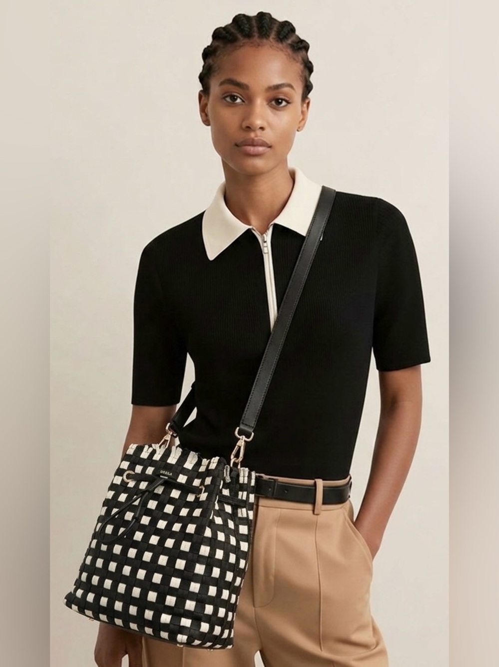 Furla Stacy Casanova Woven Leather Drawstring Bucket Bag Black White Dustbag EUC
